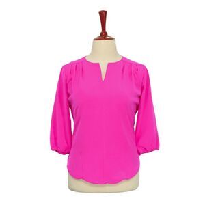 Womens Silky Blouse Pink V-Neck 3/4 Sleeve Summer Casual Colorful Top Large